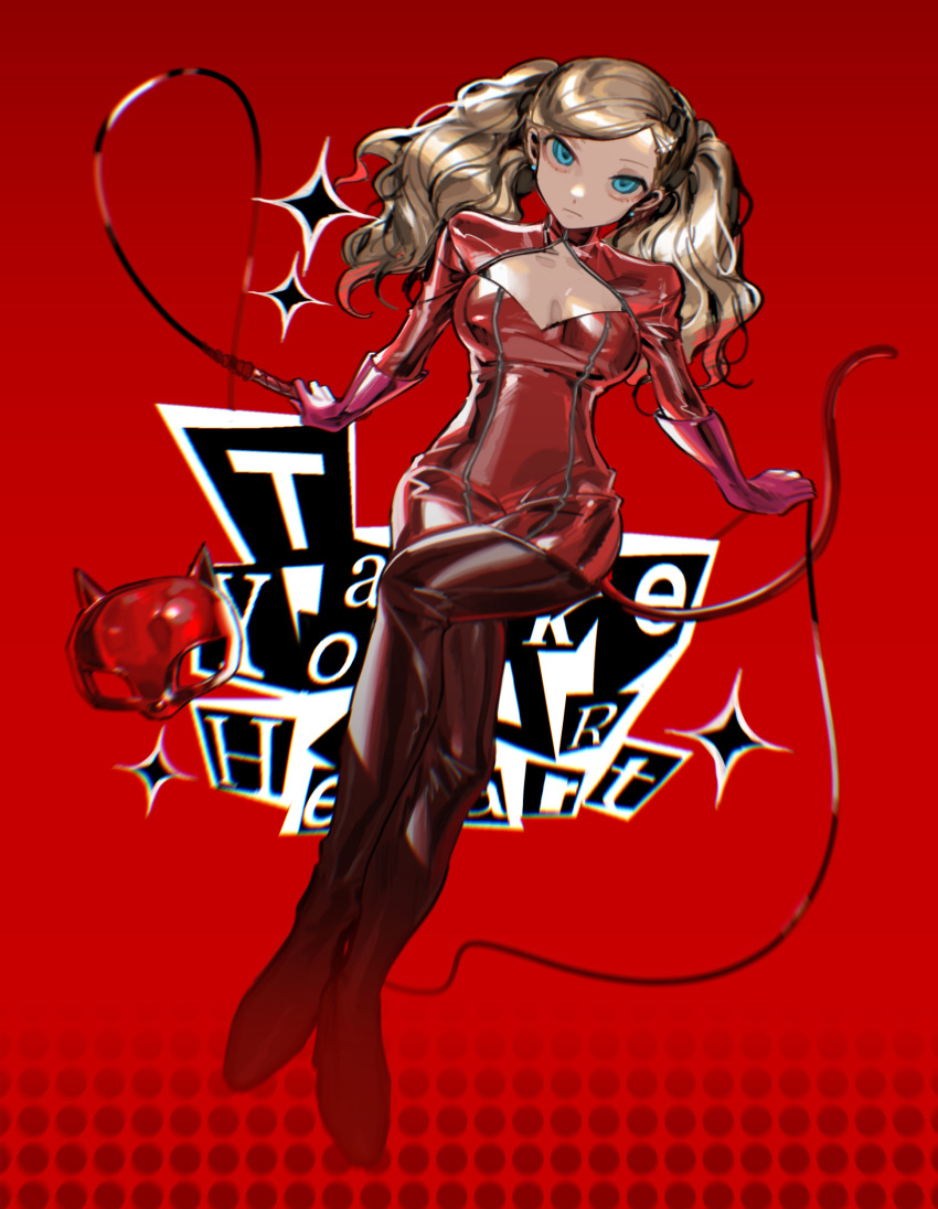 1girl absurdres blonde_hair blue_eyes bodysuit boots breasts cleavage closed_mouth crossed_legs earrings english_text expressionless gloves highres holding holding_whip jewelry long_hair looking_at_viewer mask medium_breasts persona persona_5 pink_gloves pkunooo red_background red_bodysuit solo sparkle stud_earrings takamaki_anne thigh_boots thighhighs twintails whip