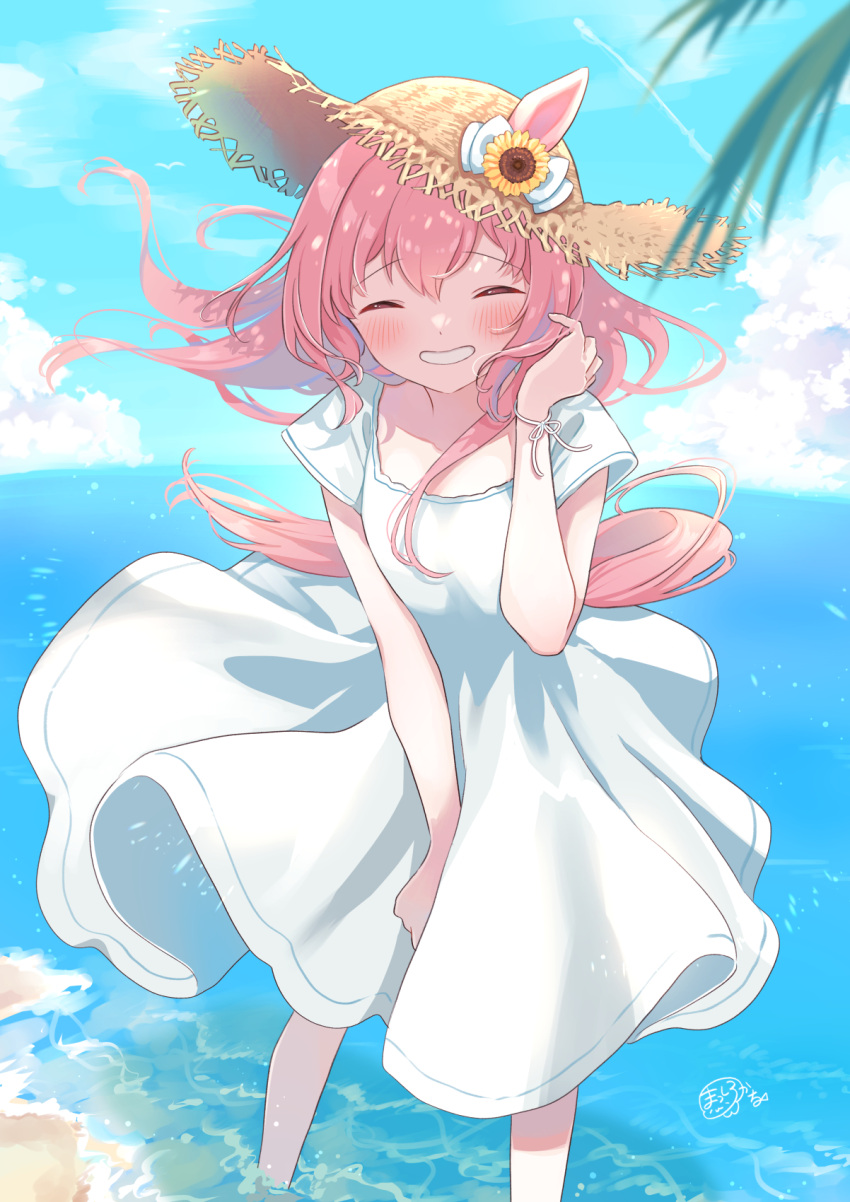 1girl ^_^ animal_ears blue_hair blue_sky blush bow brown_headwear closed_eyes cloud commentary_request day dress ears_through_headwear facing_viewer floating_hair flower grin hair_between_eyes hand_up haru_urara_(umamusume) hat hat_bow hat_flower highres horizon horse_ears horse_girl horse_tail long_hair masshirokachi multicolored_hair ocean outdoors palm_tree pink_hair short_sleeves sky smile solo standing straw_hat streaked_hair sunflower tail tree umamusume very_long_hair wading water white_bow white_dress yellow_flower