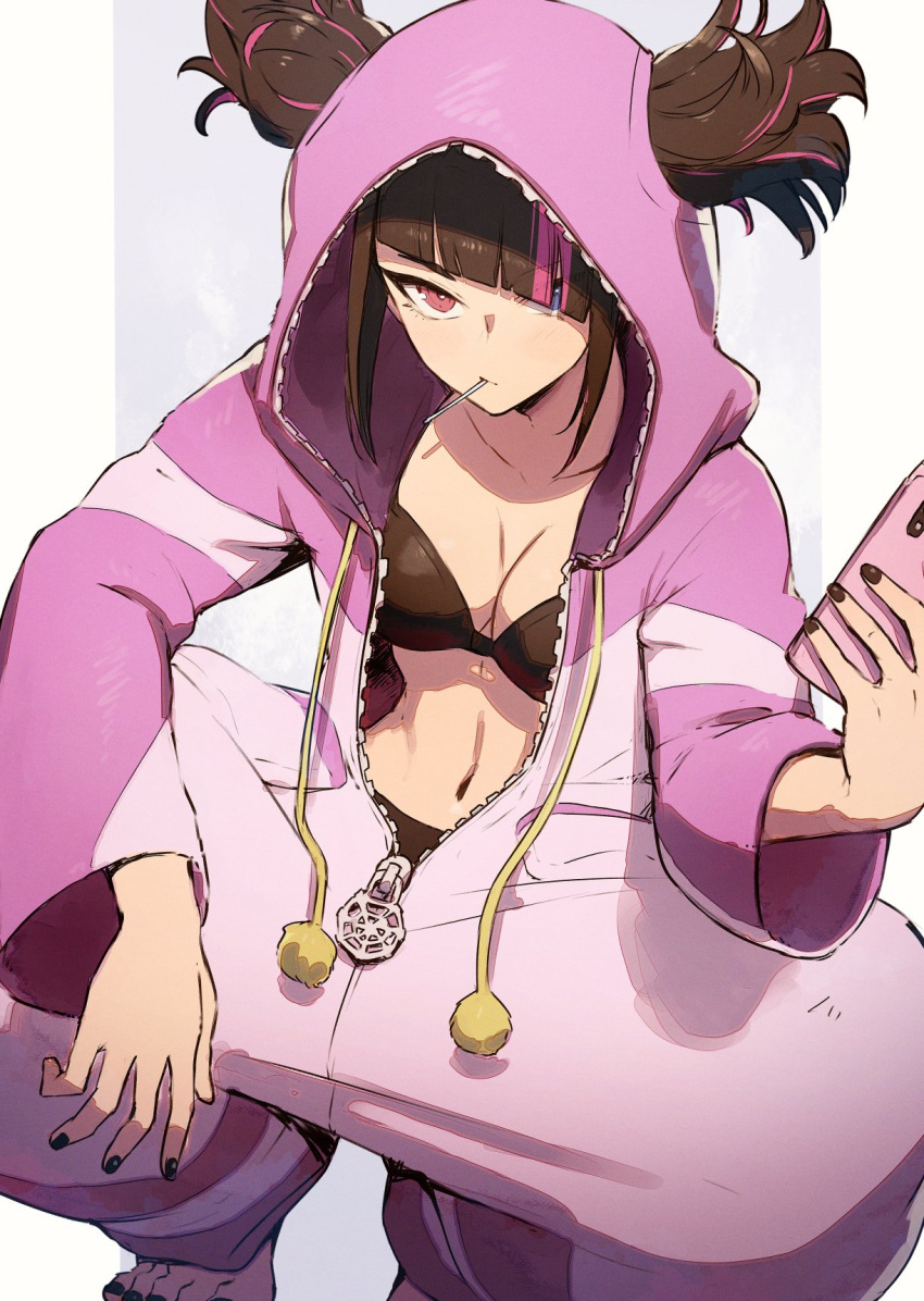 1girl barefoot black_bra black_hair black_nails bra breasts candy cleavage food hair_over_one_eye han_juri heterochromia highres hood hood_up kuroi_susumu lollipop looking_at_viewer multicolored_hair navel off_shoulder official_alternate_hairstyle pajamas pink_pajamas solo squatting stomach streaked_hair street_fighter street_fighter_6 twintails underwear unzipped