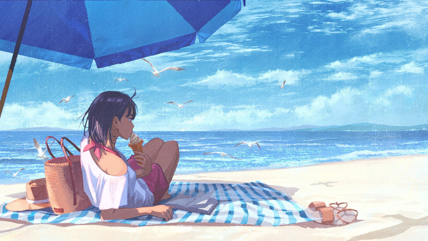 1girl barefoot basket beach beach_towel beach_umbrella bird black_hair blue_stripes book cloud cloudy_sky commentary feet food gemi hair_behind_ear halterneck hat highres holding holding_food holding_ice_cream ice_cream leaning_to_the_side lying ocean off_shoulder original sand sandals seagull shade shirt short_hair shorts single_off_shoulder sky solo striped sun_hat sunlight tan towel umbrella white_shirt