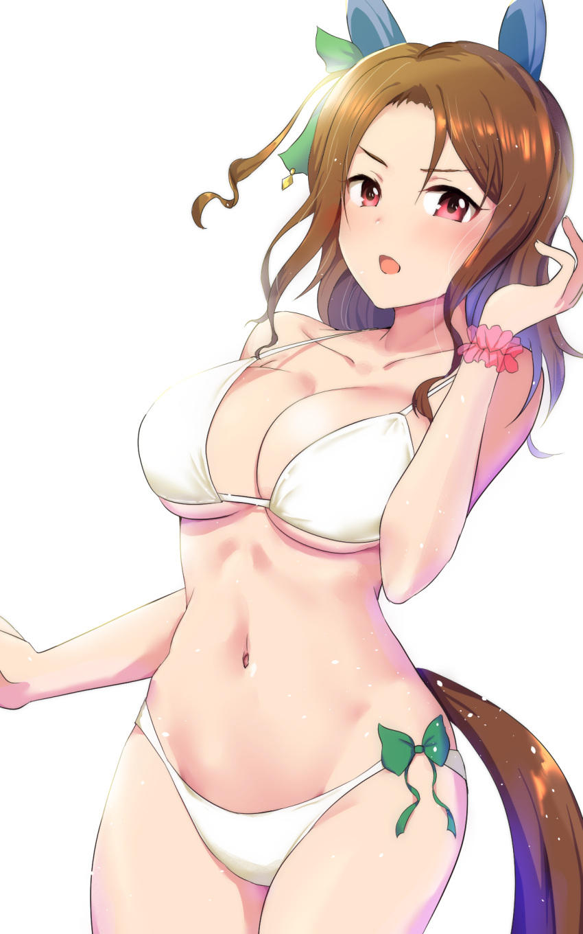 1girl animal_ears bikini blush breasts brown_hair cleavage collarbone commentary cowboy_shot ear_covers forehead highres horse_ears horse_girl horse_tail king_halo_(umamusume) looking_at_viewer midriff navel open_mouth red_eyes solo sousakubito swimsuit tail tracen_swimsuit umamusume wavy_hair white_background white_bikini