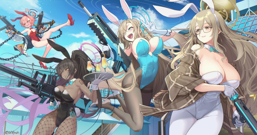 4girls akane_(blue_archive) akane_(bunny)_(blue_archive) animal_ears aqua_bow aqua_bowtie aqua_leotard assault_rifle asuna_(blue_archive) asuna_(bunny)_(blue_archive) asymmetrical_bangs black-framed_eyewear black_hair black_leotard blue_archive blue_bow blue_bowtie blue_eyes blue_leotard blue_sky bow bowtie boys_anti_tank_rifle breasts brown_eyes brown_scarf brown_shawl bullpup chain cleaning_&amp;_clearing_(blue_archive) cleavage cloud dark-skinned_female dark_skin detached_collar dual_wielding fake_animal_ears famas fishnet_pantyhose fishnets glasses gloves gun halo handgun hibi_tsuna high_heels highres holding holding_gun holding_weapon karin_(blue_archive) karin_(bunny)_(blue_archive) large_breasts leotard light_brown_hair long_bangs long_hair mole mole_on_breast multiple_girls neru_(blue_archive) neru_(bunny)_(blue_archive) number_tattoo official_alternate_costume orange_hair pantyhose plaid_shawl playboy_bunny rabbit_ears rabbit_tail red_eyes rifle scarf shawl sig_mpx sky strapless strapless_leotard submachine_gun suppressor tail tattoo thighband_pantyhose traditional_bowtie v weapon welrod_mk2 white_gloves white_leotard white_pantyhose yellow_eyes