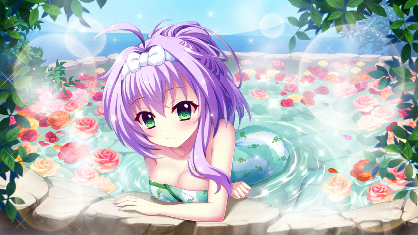 1girl ahoge blue_sky breasts cleavage closed_mouth collarbone day dot_nose film_grain floral_print flower game_cg green_eyes green_towel hairband hokaze_kanade izumi_tsubasu lens_flare medium_breasts mountainous_horizon naked_towel non-web_source official_art onsen orange_flower orange_rose partially_submerged print_towel purple_hair re:stage! red_flower red_rose rose sky smile solo sparkle towel white_hairband