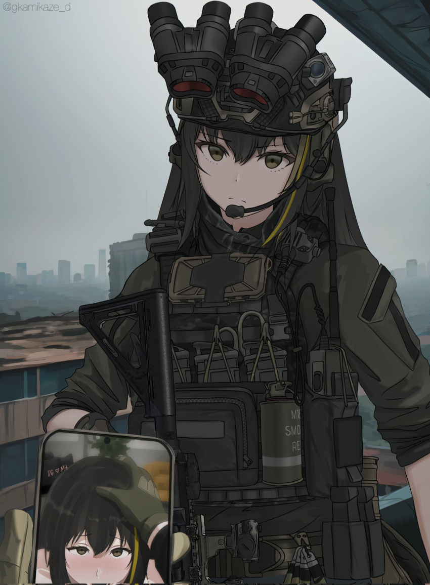 ammunition_pouch assault_rifle black_hair blush brown_eyes cellphone closed_mouth combat_helmet dgkamikaze girls'_frontline gun hair_between_eyes helmet highres holding holding_gun holding_weapon implied_fellatio long_hair looking_at_viewer m4_carbine m4a1_(girls'_frontline) multicolored_hair optical_sight phone pouch rifle smartphone standing streaked_hair tactical_clothes upper_body weapon