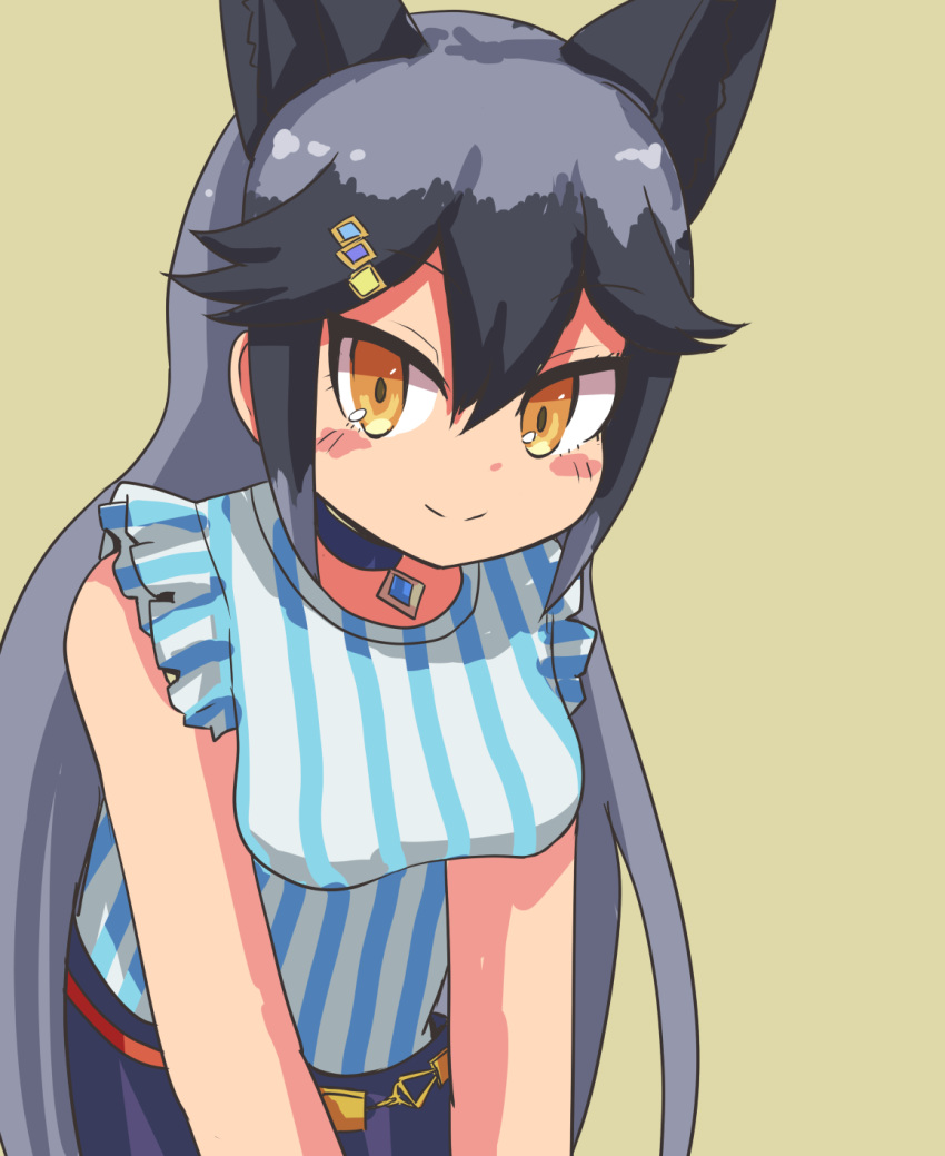 animal_ears blue_shirt blue_skirt blush casual extra_ears fox_ears fox_girl frilled_sleeves frills grey_hair hair_between_eyes hane_(kirschbaum) highres jewelry kemono_friends kemono_friends_3 long_hair looking_at_viewer multicolored_hair necklace official_alternate_costume orange_eyes shirt sidelocks silver_fox_(kemono_friends) skirt smile striped striped_shirt two-tone_shirt white_shirt