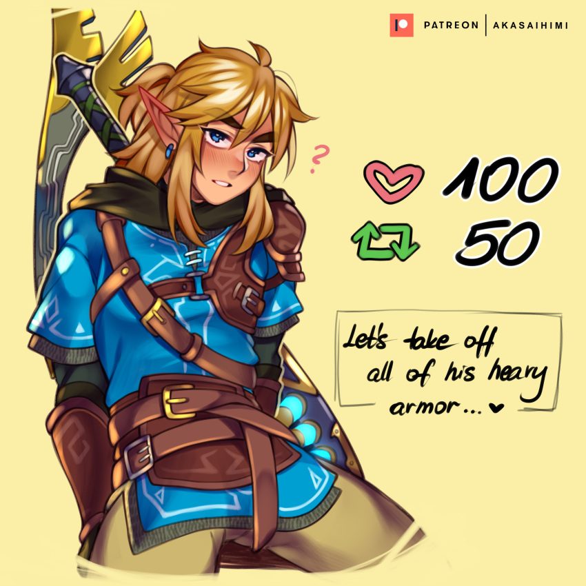 1boy absurdres akaihimi arm_guards belt blonde_hair blue_eyes bow_(weapon) champion's_tunic_(zelda) cloak cropped_legs earrings english_text highres jewelry like_and_retweet link master_sword meme pointy_ears strap sword the_legend_of_zelda the_legend_of_zelda:_tears_of_the_kingdom twitter_strip_game_(meme) weapon weapon_on_back