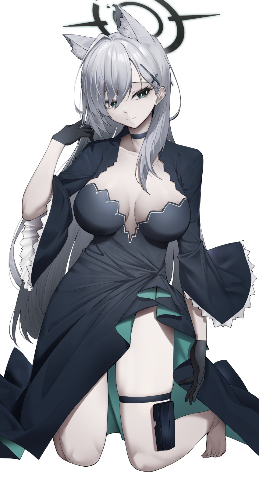 1girl absurdres animal_ears barefoot black_choker black_dress black_gloves blue_archive blue_eyes breasts chirpy choker closed_mouth commentary cross_hair_ornament dark_halo dress english_commentary extra_ears gloves grey_hair hair_ornament halo highres large_breasts long_hair long_sleeves shiroko_(blue_archive) shiroko_terror_(blue_archive) simple_background solo white_background wolf_ears