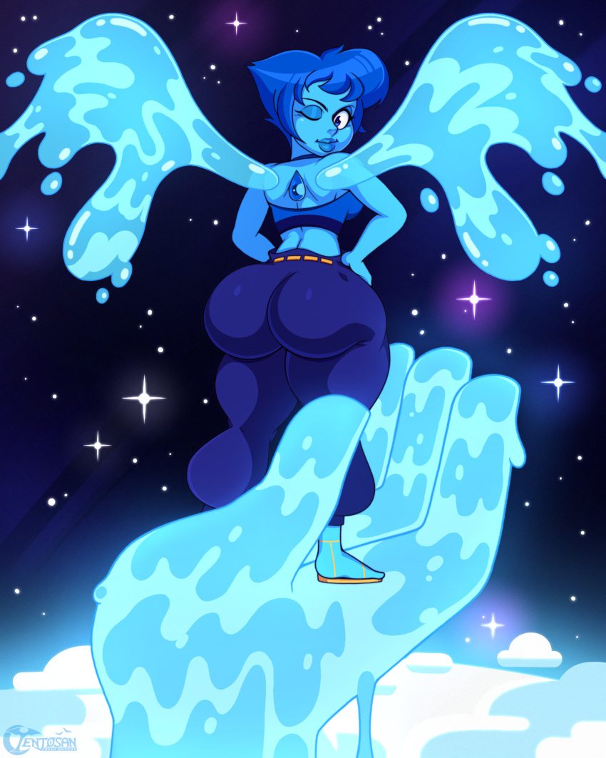 absurd_res alien alien_humanoid big_butt blue_body blue_hair butt cartoon_network clothing female gem_(species) hair hands_on_hips hi_res humanoid lapis_lazuli_(steven_universe) lips pose solo space steven_universe tenjosan thick_lips tight_clothing water