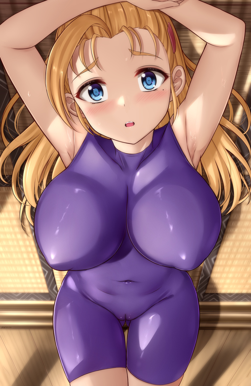 1girl absurdres ahoge arms_up blonde_hair blue_eyes blush bodysuit breasts cameltoe collarbone commentary_request covered_navel covered_nipples fuurinji_miu highres large_breasts long_hair looking_at_viewer lying mole mole_under_eye on_back open_mouth purple_bodysuit shijou_saikyou_no_deshi_ken'ichi skywalker0610 solo tatami taut_bodysuit wooden_floor