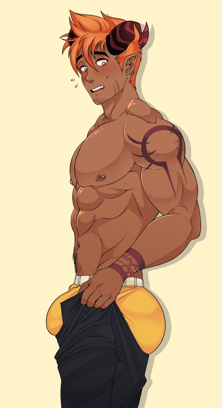 1boy abs absurdres ass bara barbell_piercing blush bulge bulge_lift check_copyright copyright_request curled_horns dark-skinned_male dark_skin demon_boy demon_horns dressing facial_hair feet_out_of_frame from_side goatee hair_between_eyes highres horns i've_never_seen_a_guy_recreate_this_successfully_tbh_(meme) looking_at_viewer male_focus male_underwear meme mrmrfoxhound_(voice_actor) muscular muscular_male navel_hair nipples open_pants original pants pants_lift pectorals piercing pointy_ears short_hair shoulder_tattoo solo stomach stubble sweatdrop tattoo topless_male undersized_clothes underwear yellow_male_underwear