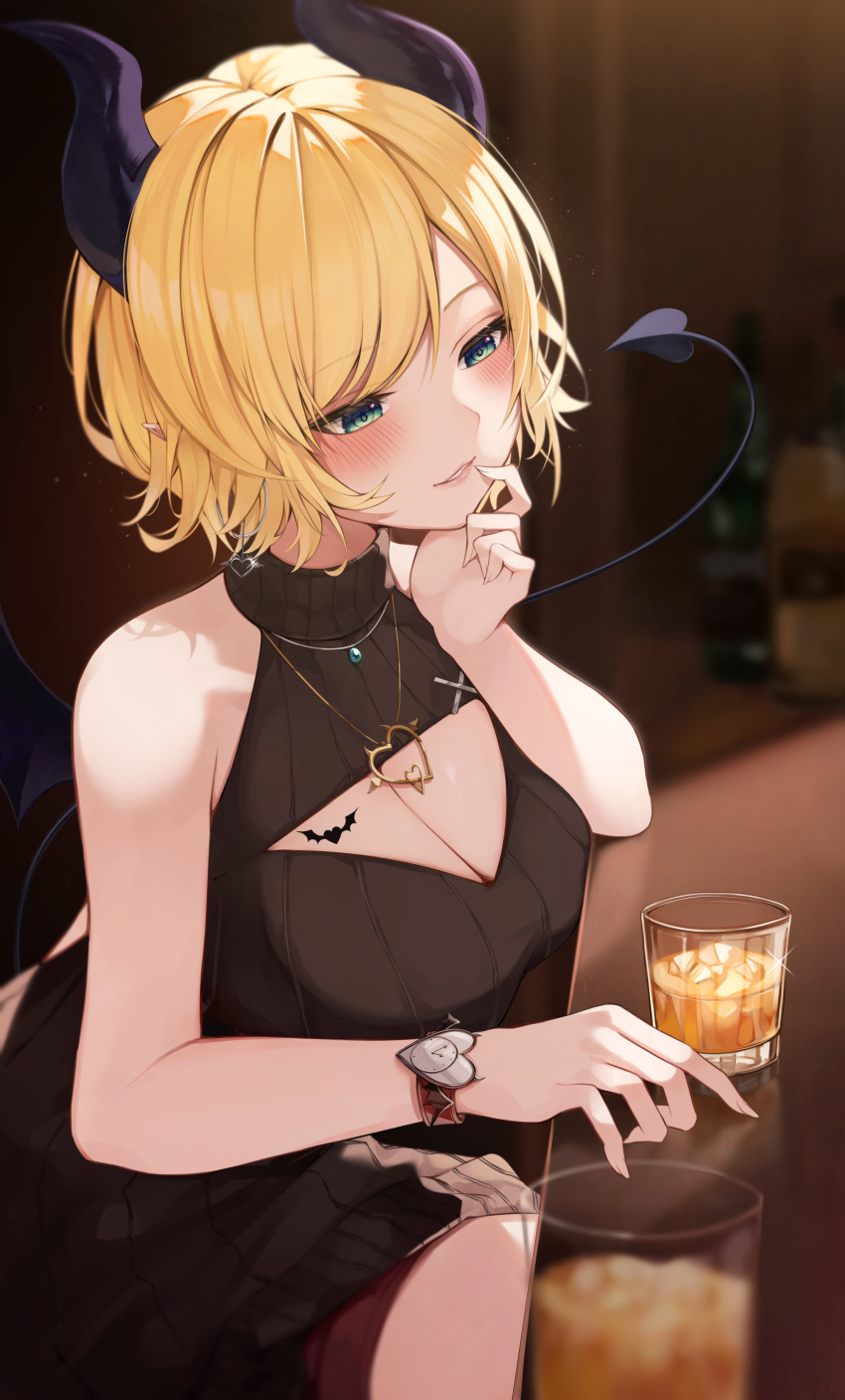 1girl absurdres alcohol bare_arms bare_shoulders black_horns black_sweater blonde_hair blurry blurry_background blush breast_tattoo breasts cleavage cleavage_cutout clothing_cutout commentary_request cup demon_horns demon_tail demon_wings depth_of_field dress drinking_glass earrings green_eyes head_on_hand heart heart_earrings heart_necklace highres hololive horns ice ice_cube indoors jewelry large_breasts necklace parted_lips pendant pointy_ears red_shorts short_hair shorts sitting sleeveless sleeveless_sweater solo sweater sweater_dress tail tattoo teeth turtleneck turtleneck_sweater tyabesu virtual_youtuber watch whiskey winged_heart wings wristwatch yuzuki_choco yuzuki_choco_(6th_costume)