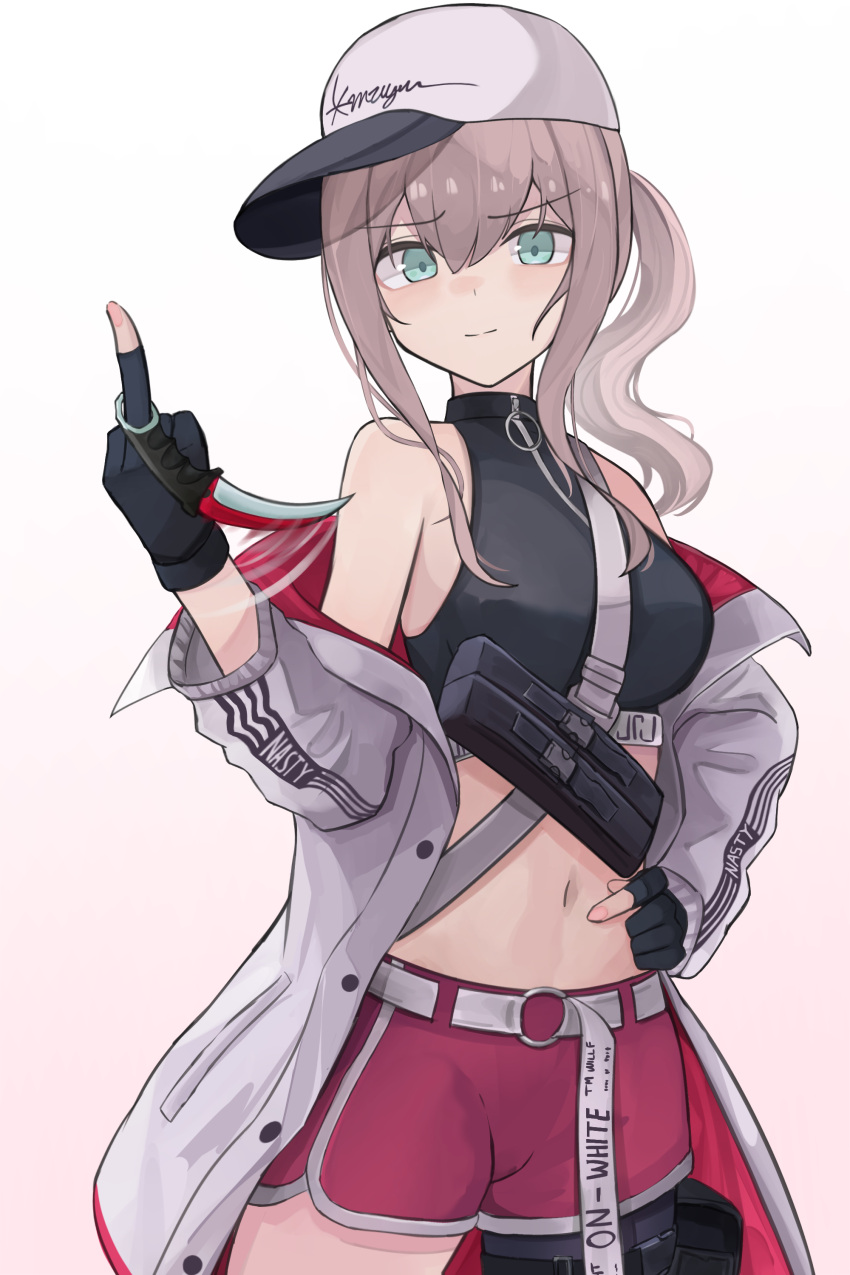 1girl absurdres aqua_eyes ar-57 ar-57_(girls'_frontline) bare_shoulders belt black_gloves breasts brown_hair crop_top fingerless_gloves gamryous girls'_frontline gloves hand_on_own_hip hat highres jacket knife long_hair medium_breasts middle_finger navel open_clothes open_jacket ponytail short_shorts shorts solo white_headwear