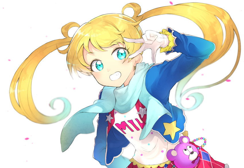 1girl blonde_hair blue_eyes blue_jacket blue_scarf blush commentary_request cropped_jacket gloves grin hand_up highres jacket kiratto_pri_chan long_hair long_sleeves looking_at_viewer miya_kazutomo moegi_emo open_mouth pouch pretty_(series) red_skirt scarf shirt skirt smile solo star_(symbol) star_print twintails w_over_eye white_background white_gloves white_shirt