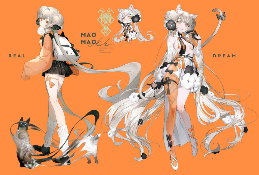 1girl :o animal_ears asymmetrical_clothes backpack bag baozi bell black_bow black_footwear bow breasts cat cat_ears cat_tail chibi chinese_clothes choppy_bangs collage detached_sleeves double_bun food food_in_mouth full_body ghost hair_bun hair_ornament highres long_hair looking_back orange_background orange_bow orange_eyes orange_pantyhose orange_shirt original pantyhose pleated_skirt shirt shokuen_(oxstl) sidelocks signature single_leg_pantyhose skirt sleeves_past_fingers sleeves_past_wrists small_breasts socks standing tail tail_bell tail_ornament tassel thigh_strap twintails very_long_hair white_hair white_socks yellow_eyes