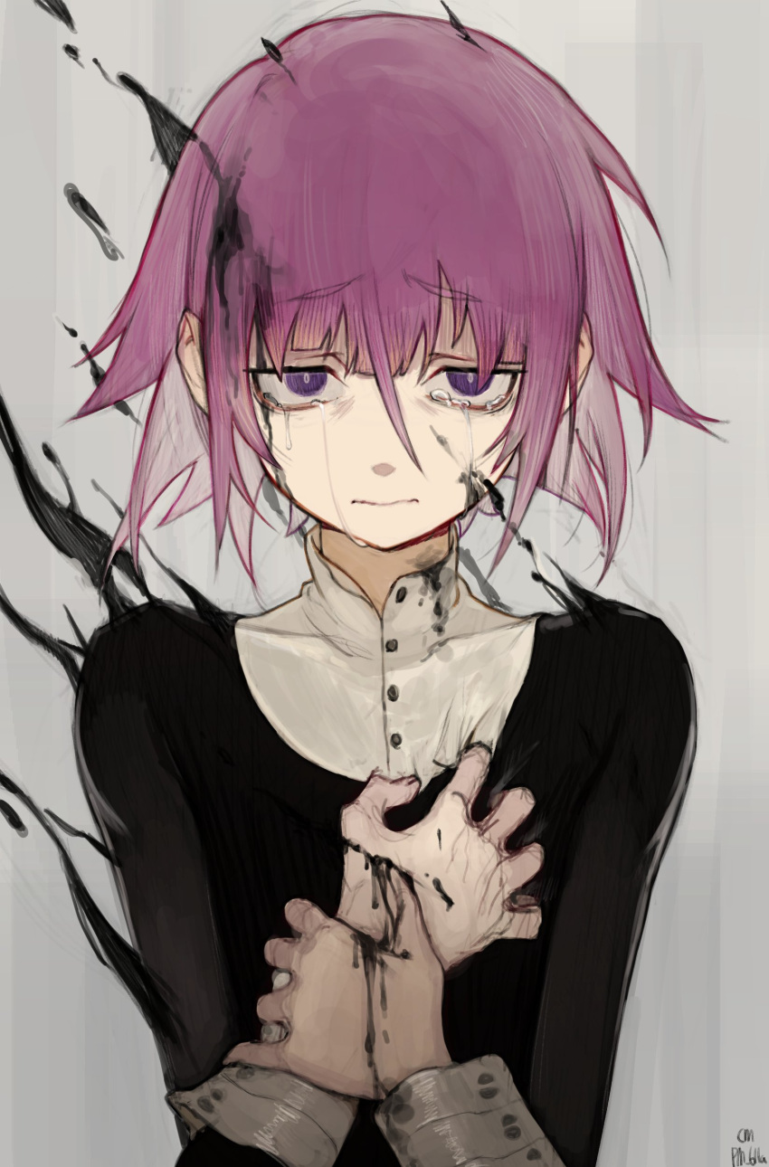 1other absurdres closed_mouth crona_(soul_eater) cuff_links highres looking_at_viewer other_focus p_(pm_611a) purple_eyes purple_hair short_hair solo soul_eater tears upper_body