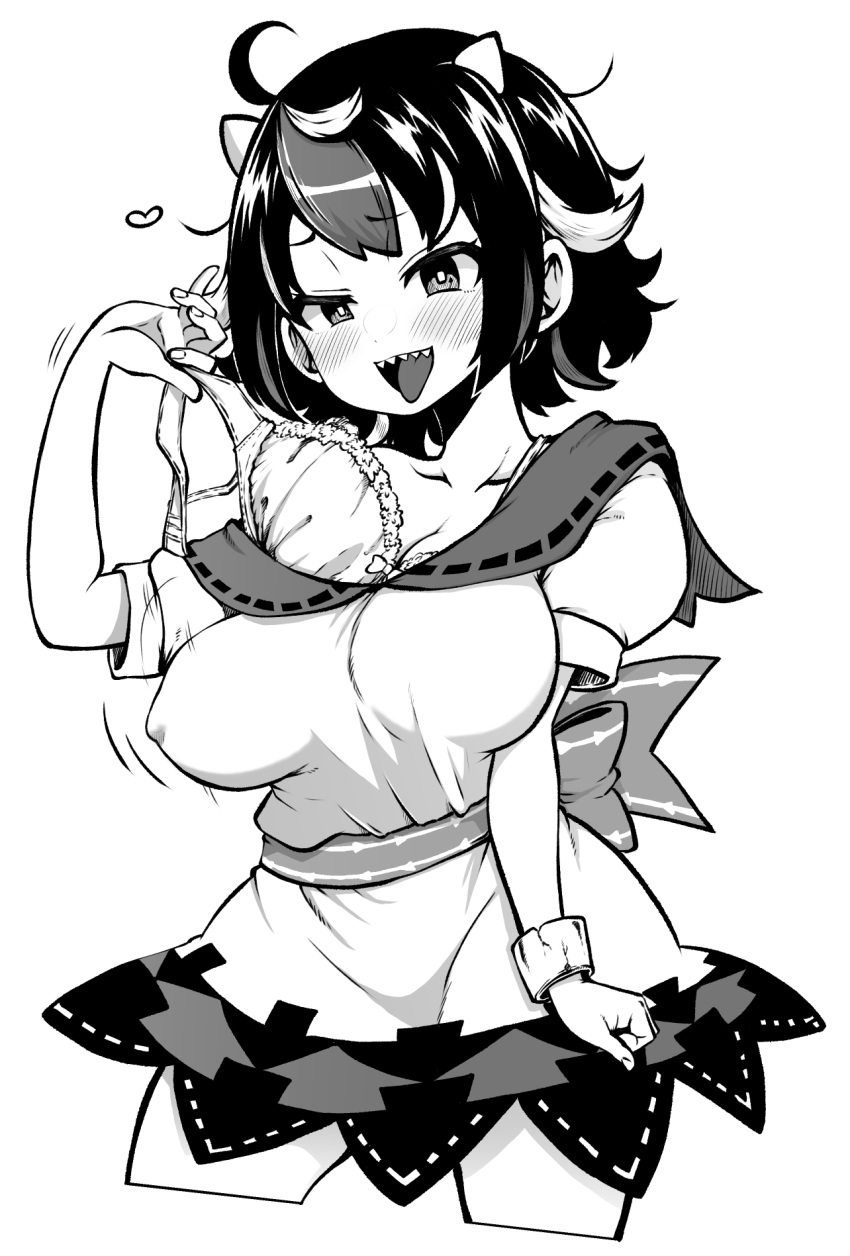 1girl :d ahoge blush breasts cleavage collarbone commentary_request contrapposto covered_nipples cowboy_shot cropped_legs dress greyscale hand_up highres himajin_noizu horns kijin_seija medium_breasts monochrome multicolored_hair open_mouth removing_bra_under_shirt sharp_teeth short_hair smile solo strap_pull streaked_hair teeth tongue tongue_out touhou unaligned_breasts uneven_eyes upper_teeth_only