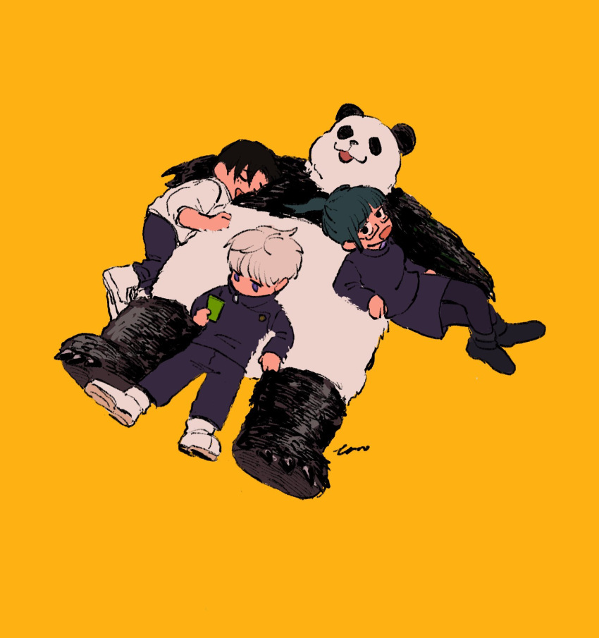 1girl 2boys animal black_eyes black_footwear black_hair blunt_bangs cellphone closed_eyes glasses green_hair grey_hair highres holding holding_phone hug inumaki_toge jacket jujutsu_kaisen jujutsu_tech_uniform long_sleeves multiple_boys okkotsu_yuuta open_mouth panda panda_(jujutsu_kaisen) phone ponytail purple_jacket purple_skirt school_uniform shoes short_hair simple_background skirt smartphone smile tano_(kaw_ano) white_footwear white_jacket yellow_background zen'in_maki