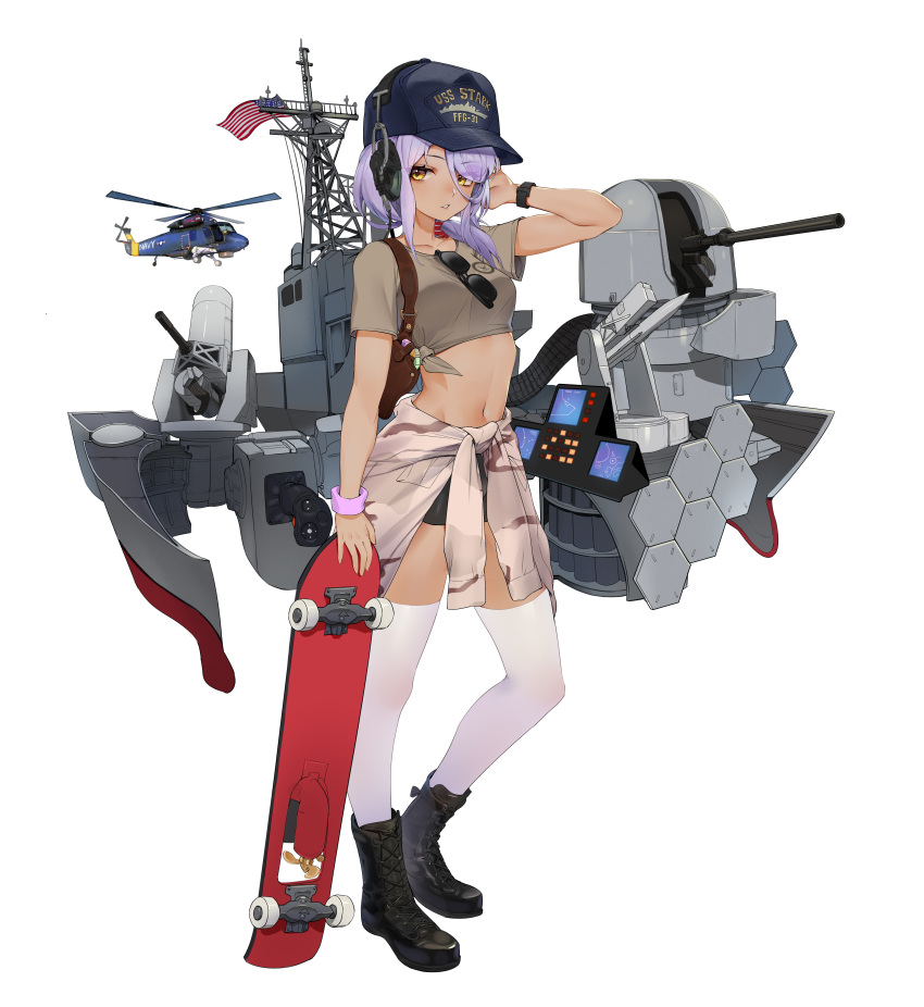 1girl absurdres aircraft american_flag baseball_cap bike_shorts black_footwear black_shorts blue_headwear boots breasts brown_shirt cannon clothes_around_waist dark-skinned_female dark_skin eyewear_removed frigate full_body hat helicopter highres jacket jacket_around_waist machinery military military_vehicle navel original personification phalanx_ciws purple_hair ship shirt short_sleeves shorts skateboard small_breasts solo standing sunglasses thighhighs tied_shirt turret tuzik10 united_states_navy uss_stark_(ffg-31) warship watercraft white_thighhighs yellow_eyes