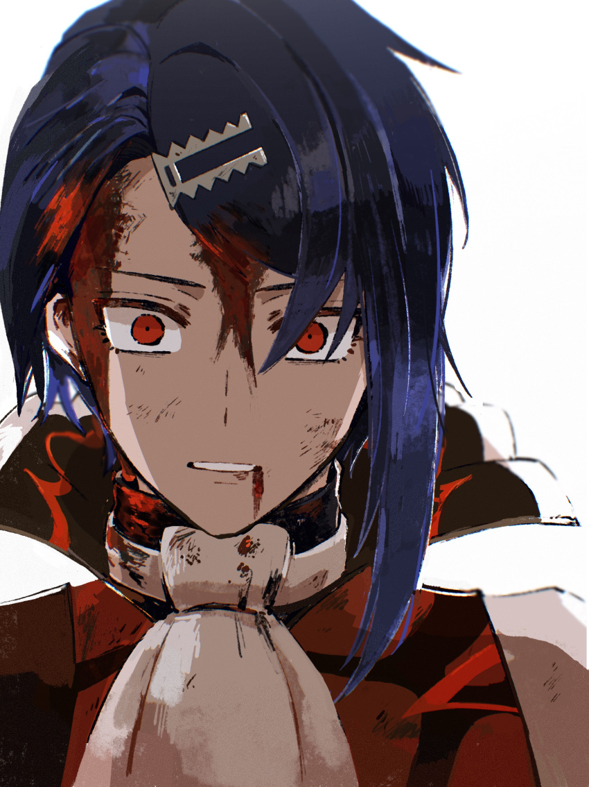 1boy absurdres alcryst_(fire_emblem) ascot asymmetrical_hair blood blood_on_face blue_hair fire_emblem fire_emblem_engage hair_between_eyes hair_ornament hairclip high_collar highres injury looking_at_another male_focus red_eyes short_hair solo white_ascot white_background yoi0763