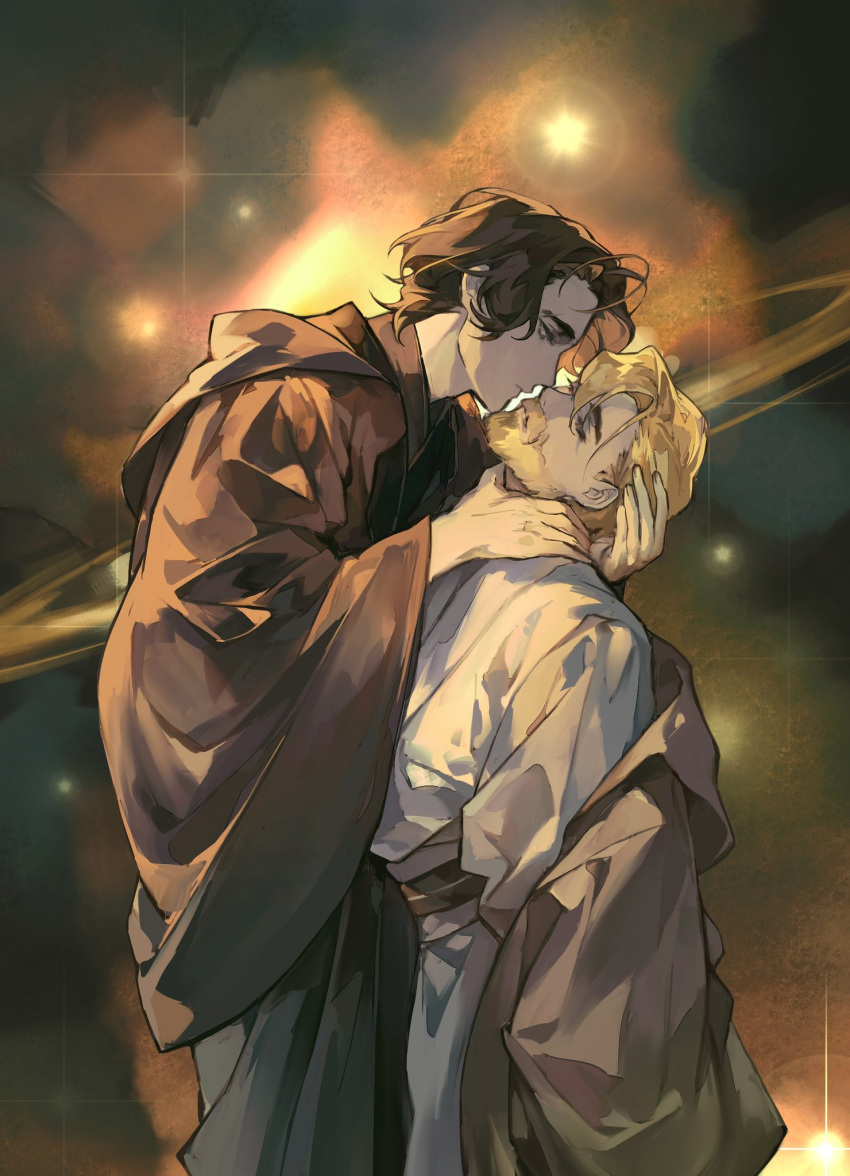 2boys beard blonde_hair brown_hair closed_eyes closed_mouth copyright_request e_(h798602056) facial_hair hand_on_another's_head hand_on_another's_neck highres jupiter_(planet) multiple_boys planet robe space star_(sky) upper_body white_robe yaoi