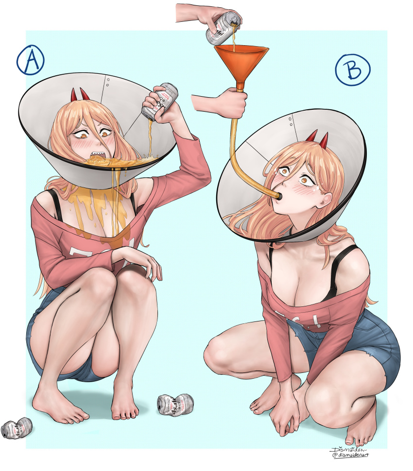 1girl absurdres bare_shoulders barefoot beer_can blonde_hair blush bra_strap breasts can chainsaw_man clothes_writing collarbone crosshair_pupils demon_horns denim denim_shorts disembodied_limb dismaiden drinking english_commentary funnel highres holding holding_can horns large_breasts long_hair open_mouth pet_cone pink_shirt power_(chainsaw_man) sharp_teeth shirt shorts squatting teeth wet yellow_eyes