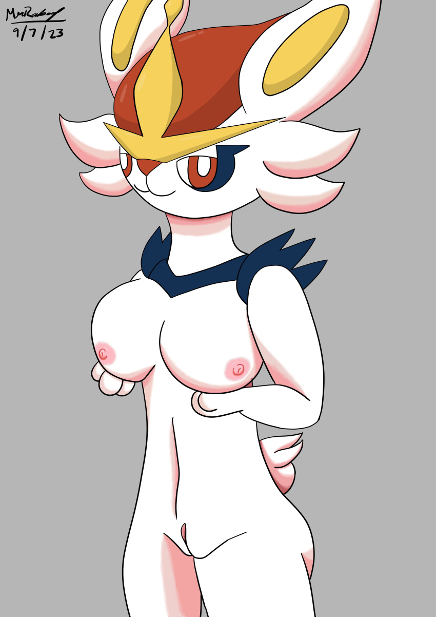 2023 absurd_res anthro breasts butt cinderace dated female female/female generation_8_pokemon genitals half-closed_eyes hi_res holding_breast lagomorph leporid looking_at_viewer mammal mrraboot narrowed_eyes nintendo nipples nude pokemon pokemon_(species) pussy rabbit shaded signature simple_background simple_shading solo standing