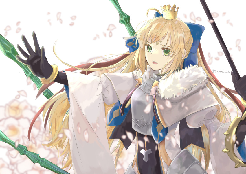 absurdres ahoge armor armored_dress artoria_caster_(fate) artoria_caster_(third_ascension)_(fate) artoria_pendragon_(fate) black_gloves blonde_hair blue_bow blue_ribbon bow bracelet breasts cape crown diamond_(shape) dress elbow_gloves fate/grand_order fate_(series) fur_trim gloves green_eyes hair_bow highres jewelry long_hair long_sleeves open_mouth petals red_hair ribbon simple_background small_breasts suama_(0122) white_dress white_fur