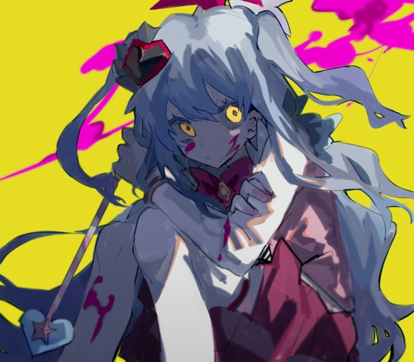1girl blood blood_on_face blue_hair bow bowtie closed_mouth gloves hair_ornament he_(minty) heart heart_hair_ornament holding holding_wand lobotomy_corporation long_hair looking_at_viewer pink_blood pink_bow pink_bowtie pink_skirt pink_vest project_moon queen_of_hatred simple_background skirt solo two_side_up very_long_hair vest wand white_gloves yellow_background yellow_eyes