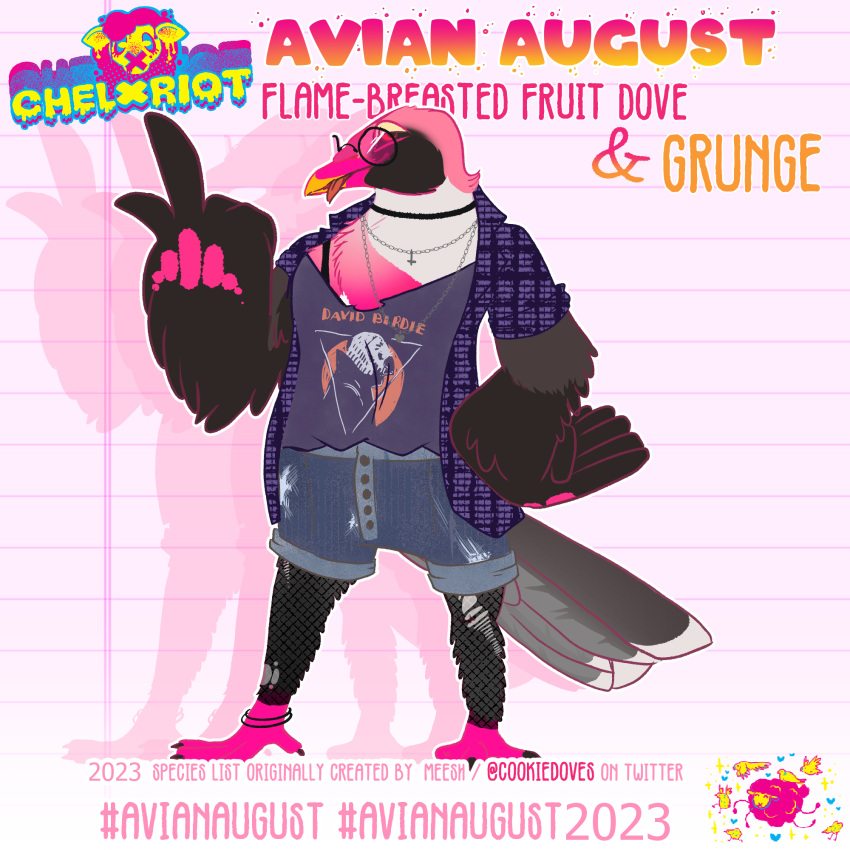 1990s 1:1 art_challenge art_prompt august avian avianaugust bird birdsona columbid cookiedoves dove fashion flamebreasted fruit_dove furry furryart grunge hi_res meesh model_sheet pigeon