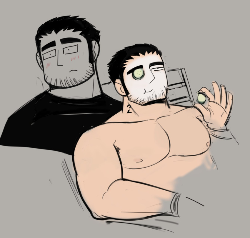 1boy armpit_hair armpit_hair_peek bara beard_stubble black_hair cropped_torso cucumber cucumber_on_face cucumber_slice doodle_inset dots_(dotssu) eating highres huge_eyebrows large_pectorals leaning_back light_blush looking_to_the_side lucas_lee male_focus muscular muscular_male nipples nude pectorals relaxing scott_pilgrim_takes_off shirt short_hair sideways_mouth skincare smile t-shirt