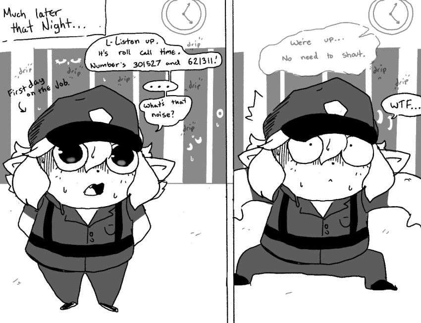 abby_(khrunkisillegal) chibi clothing dialogue female gremlin humanoid khrunkisillegal monochrome police_uniform prison prison_bars shocked_expression short_stack simple_background solo speech_bubble timeskip uniform