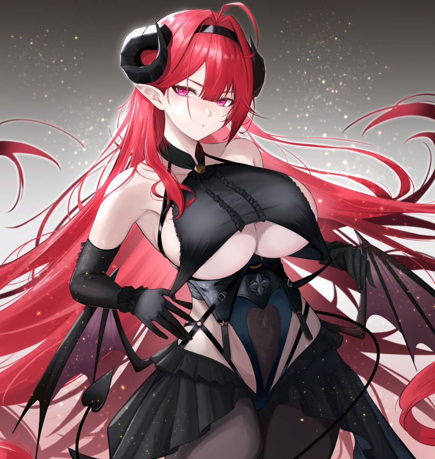 absurdres ahoge azur_lane bare_shoulders black_gloves black_headband black_horns breasts center_cross_lace center_frills cloth_pull clothing_cutout commentary_request curled_horns demon_girl demon_wings elbow_gloves frilled_gloves frills gloves headband highres hindenburg_(azur_lane) horns long_hair looking_at_viewer pantyhose pink_pupils pointy_ears red_hair sankyo_(821-scoville) solo underboob underboob_cutout very_long_hair wings world_of_warships