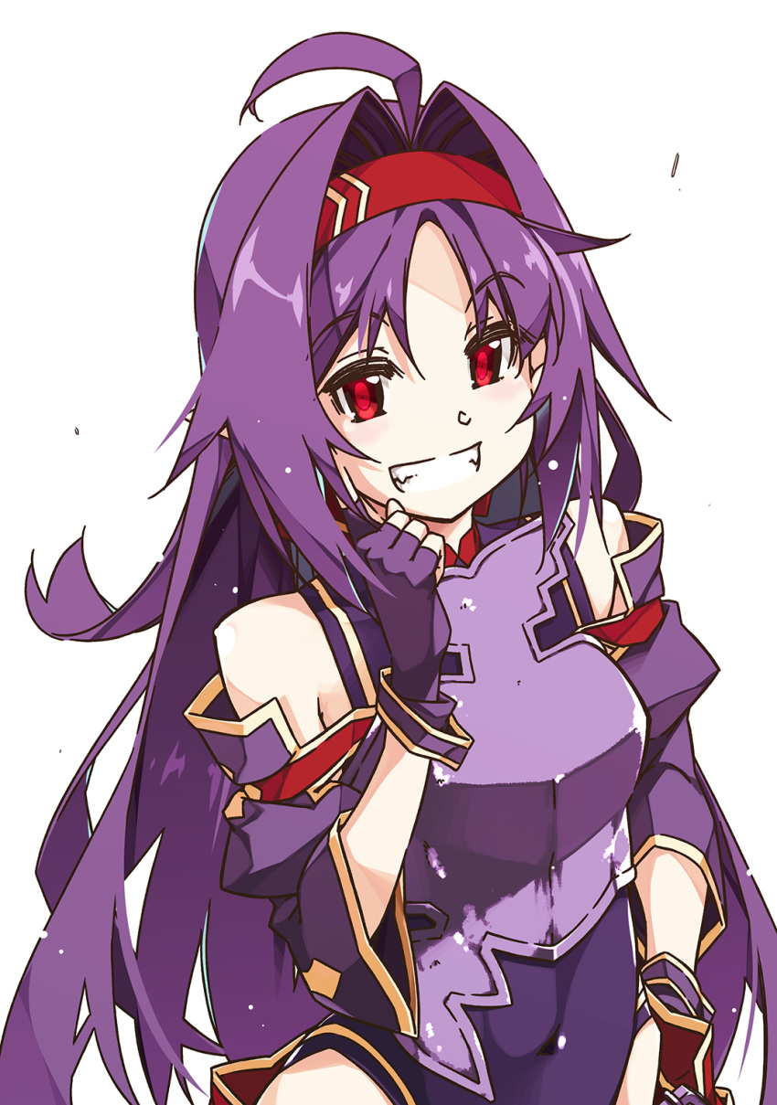 1girl :d ahoge armor bare_shoulders blush clenched_hand covered_navel cowboy_shot detached_sleeves gloves grin hair_intakes hairband hand_on_own_hip headband highres leotard long_hair looking_at_viewer open_mouth purple_gloves purple_hair purple_leotard red_eyes red_hairband shikei simple_background sleeveless smile solo sword_art_online teeth upper_body very_long_hair white_background yuuki_(sao)