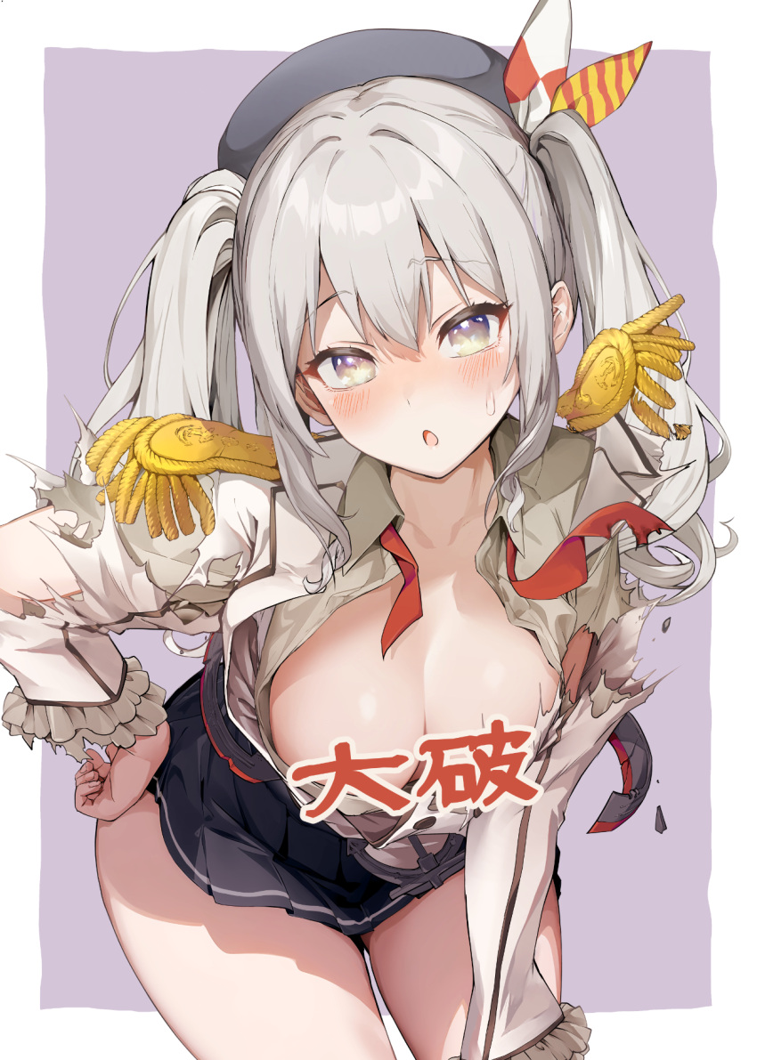 1girl black_skirt blush border breasts censored cleavage grey_eyes grey_hair highres jacket kantai_collection kashima_(kancolle) large_breasts long_sleeves looking_at_viewer military_jacket miniskirt neckerchief pleated_skirt purple_background red_neckerchief shirt sidelocks simple_background skirt solo torn_clothes torn_jacket torn_shirt translated tsurime twintails wavy_hair white_border white_jacket yuugo_(atmosphere)