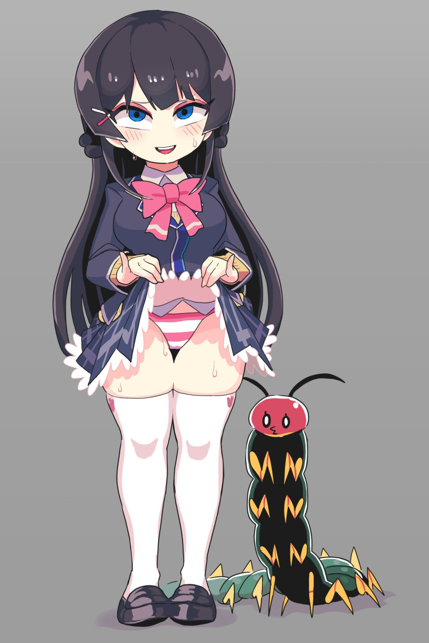 1girl animal black_hair black_jacket blazer blue_eyes blush bow bowtie breasts bug centipede clothes_lift commentary empty_eyes gashi-gashi hair_ornament hairclip highres jacket large_breasts long_hair long_sleeves looking_at_viewer nervous_smile nijisanji oversized_animal panties pink_bow pink_bowtie pink_panties pinky_out school_uniform skindentation skirt skirt_lift smile solo standing striped striped_panties sweat thighhighs thighs tsukino_mito tsukino_mito_(1st_costume) underwear upturned_eyes virtual_youtuber white_panties white_thighhighs