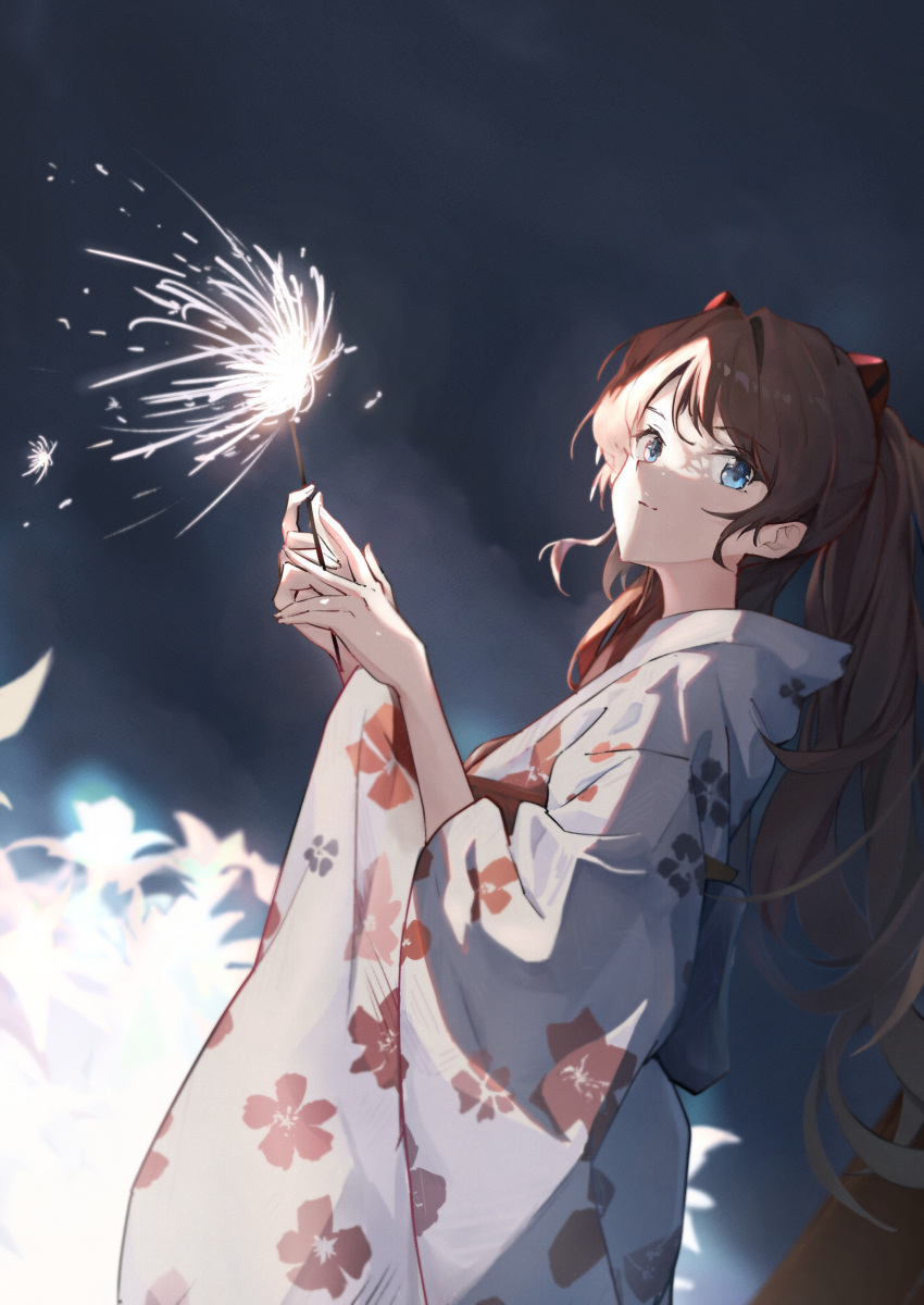 1girl absurdres blue_eyes brown_hair closed_mouth fireworks floral_print flower from_side highres holding_fireworks japanese_clothes kimono kissshotmagia long_hair looking_at_viewer neon_genesis_evangelion night outdoors solo souryuu_asuka_langley sparkler standing white_flower white_kimono yukata