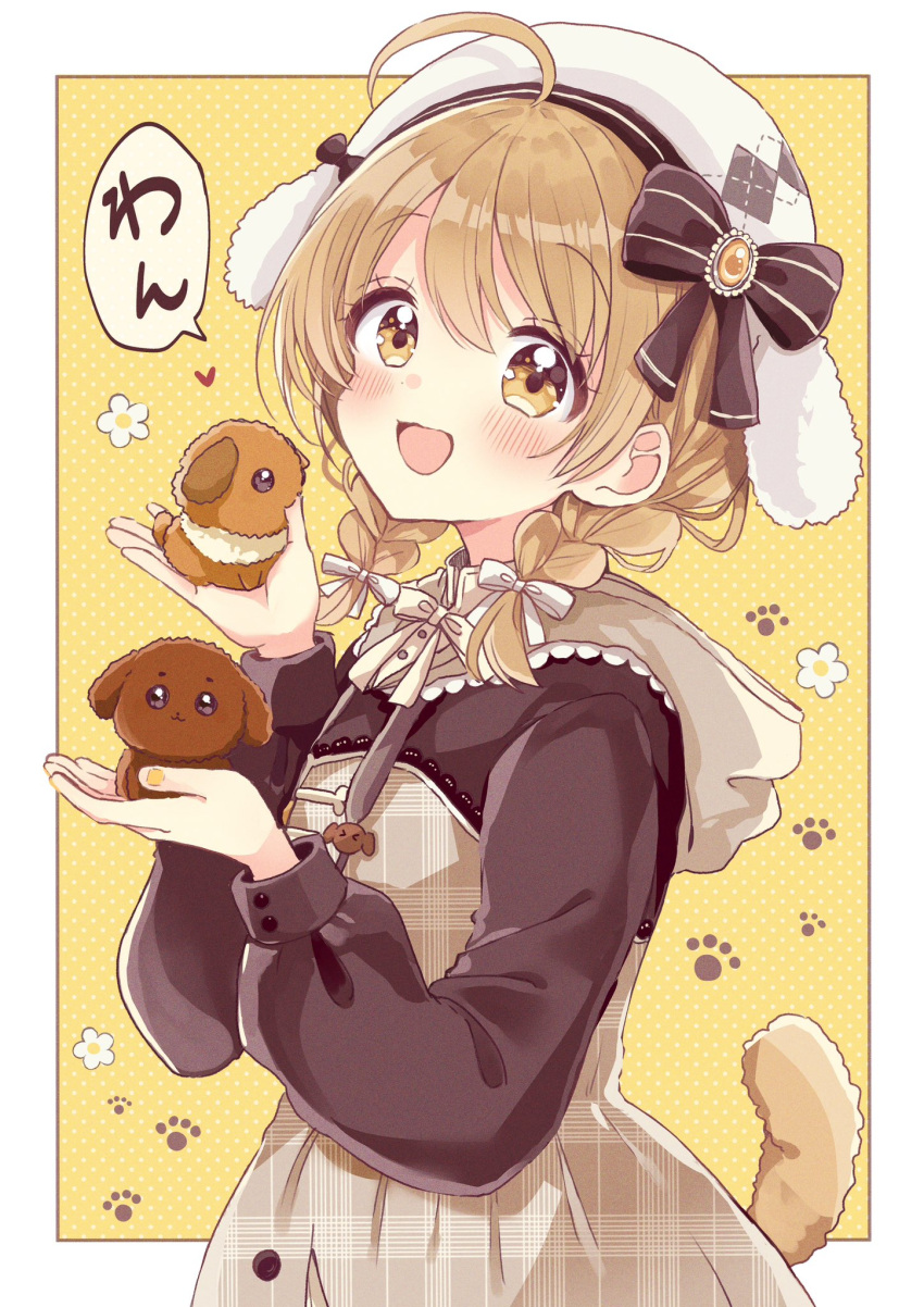 1girl 774_inc. :d ahoge animal animal_ears animal_hat animare bangs beret black_bow black_hoodie blush bow braid brown_dress brown_eyes brown_hair commentary_request dog dog_tail dress fake_animal_ears hair_between_eyes hair_bow hair_over_shoulder hands_up hat highres holding holding_animal hood hood_down hoodie inaba_haneru_(animare) long_sleeves looking_at_viewer low_twintails plaid plaid_dress polka_dot polka_dot_background puffy_long_sleeves puffy_sleeves sakura_oriko smile solo strapless strapless_dress tail translation_request twin_braids twintails two-tone_background unmoving_pattern virtual_youtuber white_background white_bow white_headwear yellow_background