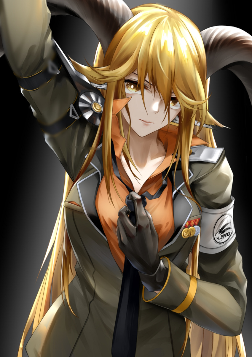 1girl animal_ear_fluff animal_ears arknights arm_strap arm_up armband armor black_background black_gloves black_necktie blonde_hair breast_pocket breasts bright_pupils chinese_commentary collarbone collared_shirt commentary_request degenbrecher_(arknights) double-parted_bangs dress_shirt epaulettes expressionless eyelashes gloves goat_ears goat_girl goat_horns gradient_background green_jacket grey_background hair_between_eyes hair_flowing_over hand_up high_collar highres holding_necktie horns jacket lapels leaning leaning_forward lips long_bangs long_hair long_sleeves looking_at_viewer medal medium_breasts military military_jacket military_uniform necktie notched_lapels orange_shirt parted_lips pauldrons pocket print_armband shadow shirt shoulder_armor shoulder_pads sidelocks simple_background single_epaulette single_glove single_pauldron solo spotlight straight-on unbuttoned unbuttoned_shirt uniform untying upper_body very_long_hair white_armband white_pupils wing_collar yellow_eyes z_05