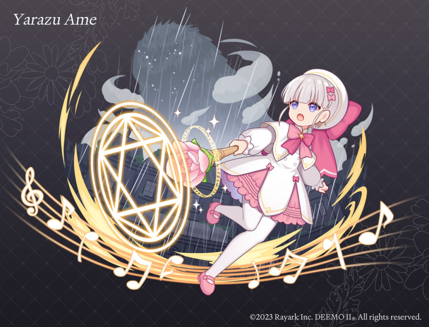 1girl :o beamed_eighth_notes beamed_sixteenth_notes beret blue_eyes bow building capelet character_request deemo dress eighth_note flower grey_hair hair_bow hat hat_bow hitsuki_rei holding holding_staff long_sleeves looking_away looking_to_the_side magic_circle musical_note official_art open_mouth pantyhose pink_bow pink_flower pink_footwear puffy_long_sleeves puffy_sleeves quarter_note rain shoes solo staff treble_clef v-shaped_eyebrows white_capelet white_dress white_headwear white_pantyhose window