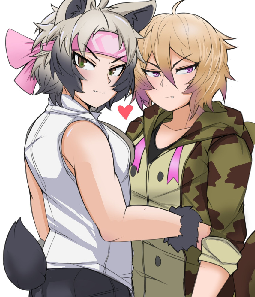 2boys african_rock_python_(kemono_friends) ahoge alternate_hairstyle animal_ears animal_print arms_at_sides bare_arms bare_shoulders bear_boy bear_ears bear_tail black_hair blonde_hair brown_eyes closed_mouth collarbone collared_shirt drawstring english_commentary eyebrows_visible_through_headband ezo_brown_bear_(kemono_friends) fang fang_out fur_cuffs genderswap genderswap_(ftm) gradient_hair grey_hair hair_between_eyes headband heart highres hood hood_down hooded_jacket jacket kemono_friends looking_at_viewer male_focus medium_hair multicolored_hair multiple_boys nanoder print_jacket purple_eyes purple_hair shirt shorts simple_background sleeveless sleeveless_shirt snake_print snake_tail tail toned toned_male tsurime two-tone_hair upper_body v-shaped_eyebrows white_background white_shirt wrist_cuffs yaoi