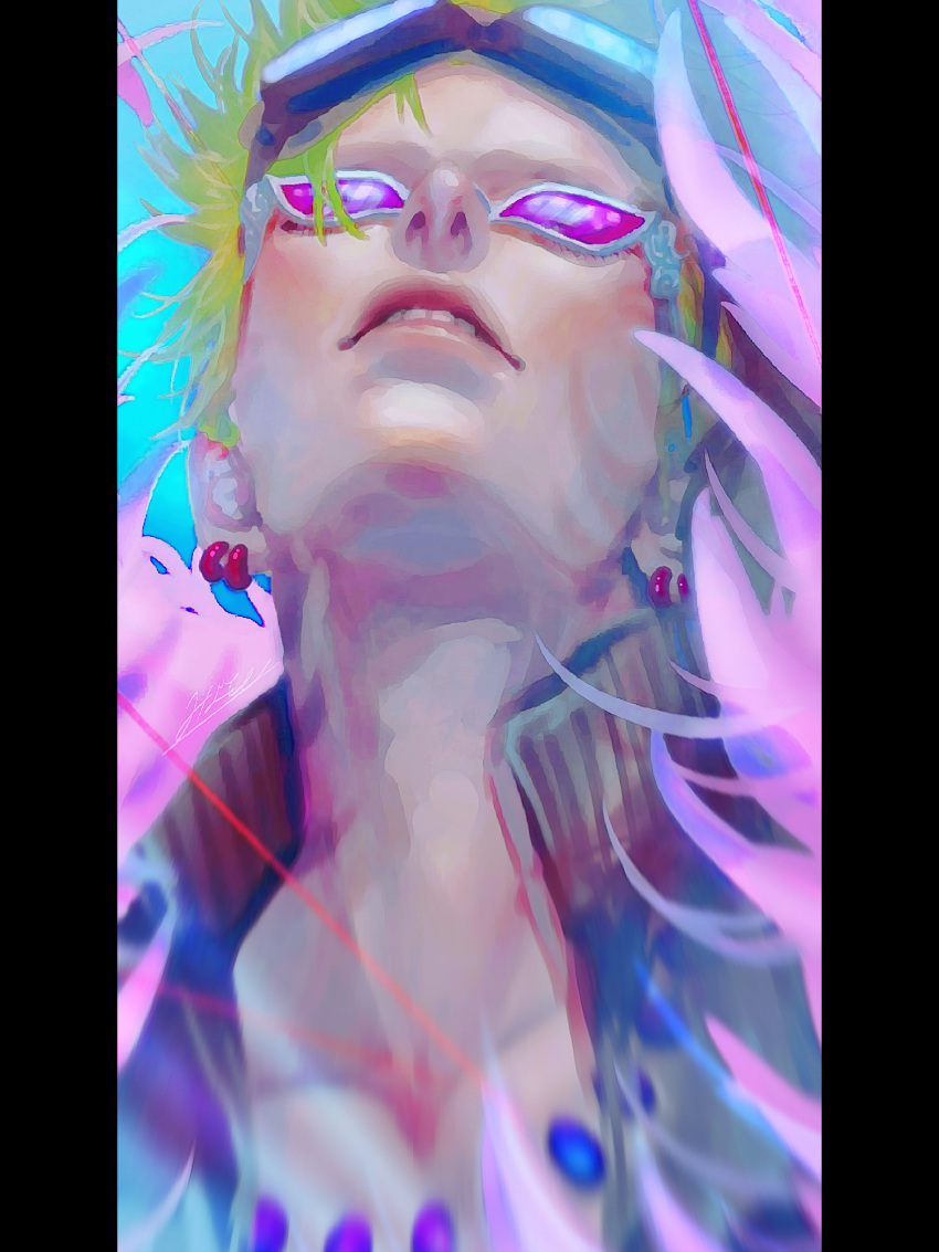 1boy absurdres aged_down blonde_hair coat donquixote_doflamingo earrings feather_coat feathers from_below goggles goggles_on_head high_collar highres jewelry male_focus multiple_earrings namomito necklace one_piece open_clothes parted_lips pink-tinted_eyewear pink_coat portrait short_hair solo sunglasses teeth tinted_eyewear white-framed_eyewear