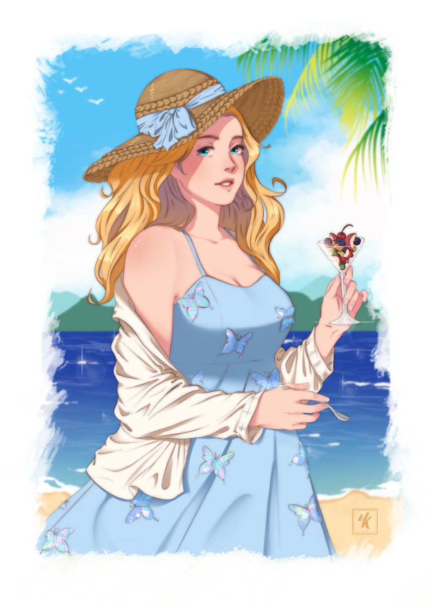 1girl absurdres animal_print apple apple_slice beach bird blonde_hair blue_dress blue_eyes blue_ribbon blue_sky blueberry breasts brown_headwear butterfly_print cherry cleavage cloud cup dress food fruit haley_(stardew_valley) hat hat_ribbon highres holding holding_cup holding_spoon jacket medium_breasts outdoors palm_tree parted_lips ribbon seagull sky solo spoon standing stardew_valley sun_hat tree water white_jacket yuikdraws