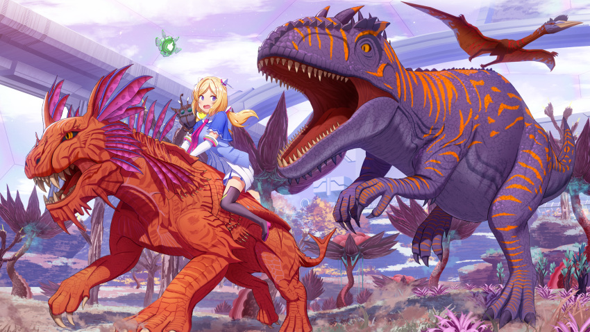 1girl aki_rosenthal animal ark_survival_evolved black_footwear black_thighhighs blonde_hair blue_jacket boots breasts commentary_request day dinosaur dress elbow_gloves giganotosaurus gloves headgear high_heel_boots high_heels highres hololive jacket long_hair low_twintails medium_breasts mikomiko_(mikomikosu) open_mouth outdoors parted_bangs pleated_dress purple_eyes quetzalcoatlus riding short_sleeves solo thigh_boots thighhighs tree twintails very_long_hair virtual_youtuber wavy_mouth white_dress white_gloves