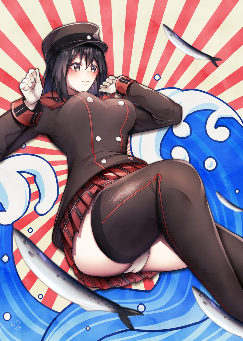 1girl absurdres akitsu_maru_(kancolle) akitsu_maru_kai_(kancolle) ass black_eyes black_hair black_jacket black_thighhighs breasts buttons cameltoe double-breasted fish gloves hat highres jacket kantai_collection large_breasts military_hat military_uniform miniskirt panties peaked_cap plaid plaid_skirt pleated_skirt red_skirt saury short_hair skirt solo thighhighs underwear uniform white_gloves white_panties yuudadou