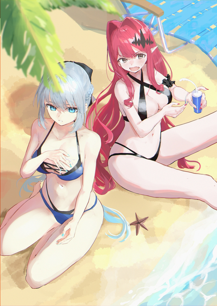 2girls applying_sunscreen armband baobhan_sith_(fate) bare_shoulders beach beach_chair bikini black_bikini blue_bikini blue_eyes blue_nails blush bow bracelet breasts cleavage day embarrassed fangs fate/grand_order fate_(series) from_above grey_eyes hair_bow hair_ornament hand_on_own_chest hand_on_own_thigh highres holding jewelry kei201107 long_hair lotion morgan_le_fay_(fate) multiple_girls nail_polish navel ocean on_floor open_mouth outdoors palm_tree pink_hair pointy_ears red_nails sand seiza shadow sidelocks sitting starfish sunscreen sweatdrop swimsuit thighs tree white_hair