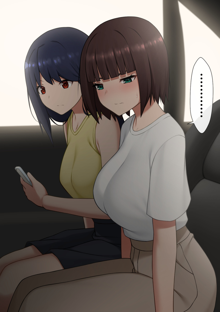 ... 2girls aqua_eyes arms_at_sides bare_shoulders black_skirt blue_hair blunt_bangs blush bob_cut breasts brown_hair brown_pants car_interior cellphone closed_mouth commentary_request embarrassed half-closed_eyes hand_up have_to_pee high-waist_pants high-waist_skirt highres holding holding_phone indoors large_breasts legs_together long_hair looking_at_phone looking_down maanii medium_breasts miniskirt multiple_girls original pants phone pocket red_eyes shirt shirt_tucked_in short_hair short_sleeves sidelocks sitting skirt sleeveless sleeveless_shirt smartphone speech_bubble split_mouth spoken_ellipsis variant_set white_shirt window yellow_shirt