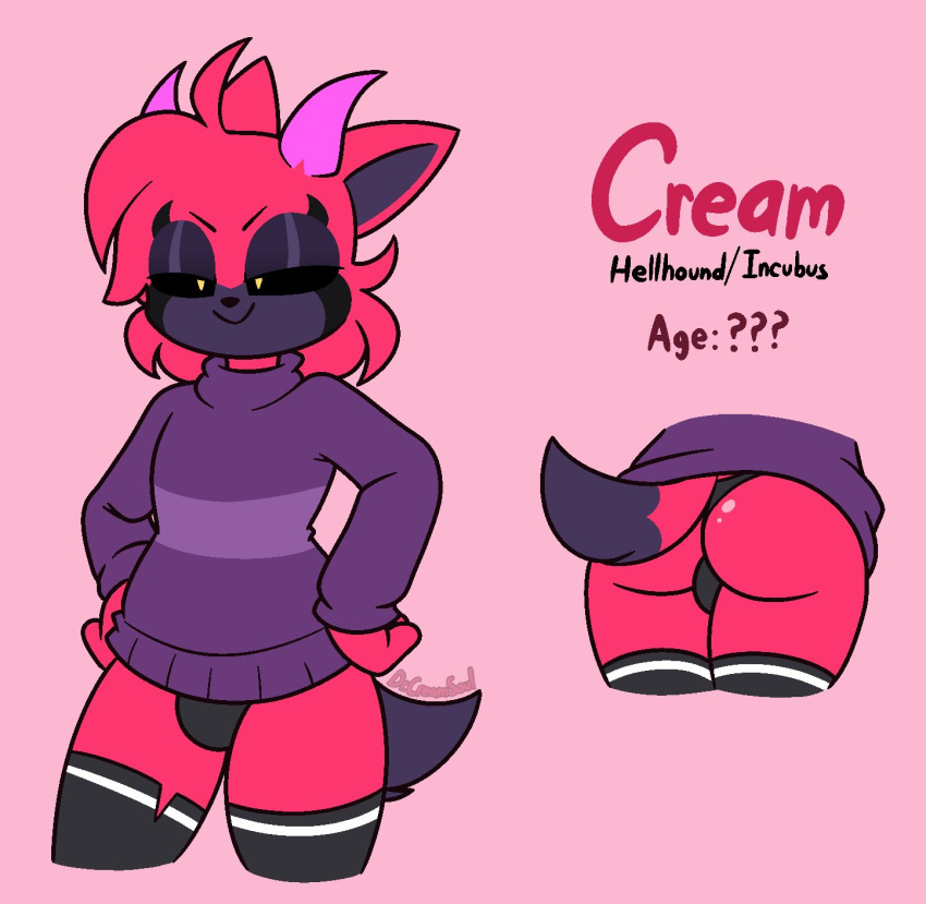 anthro black_body black_fur black_sclera bulge butt canid canid_demon clothing cream_(drcreamsoul) demon drcreamsoul fur hellhound hi_res horn legwear male mammal model_sheet red_body red_fur solo stockings sweater tail topwear yellow_eyes