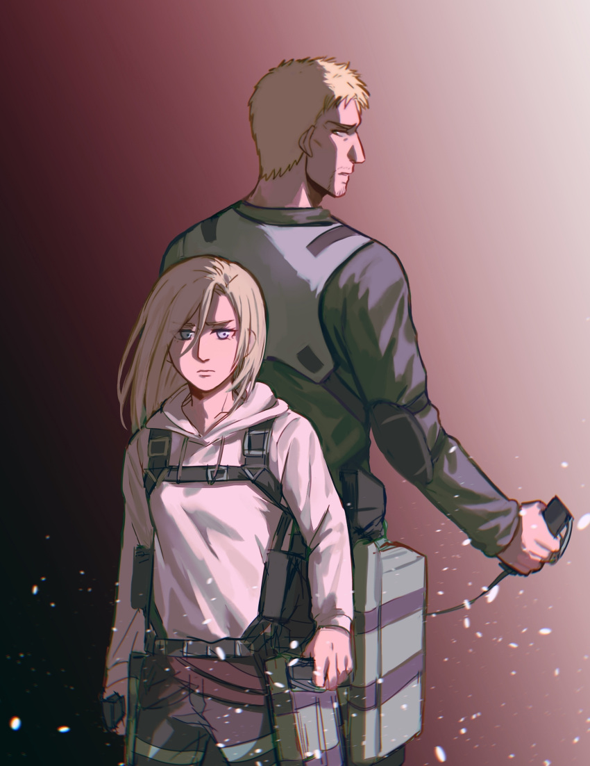 1boy 1girl absurdres annie_leonhardt back-to-back blonde_hair blue_eyes breasts commentary elbow_pads facial_hair frown goatee height_difference highres holding hood hoodie medium_breasts reiner_braun serious shingeki_no_kyojin symbol-only_commentary three-dimensional_maneuver_gear white_hoodie yanglao_paopaoren