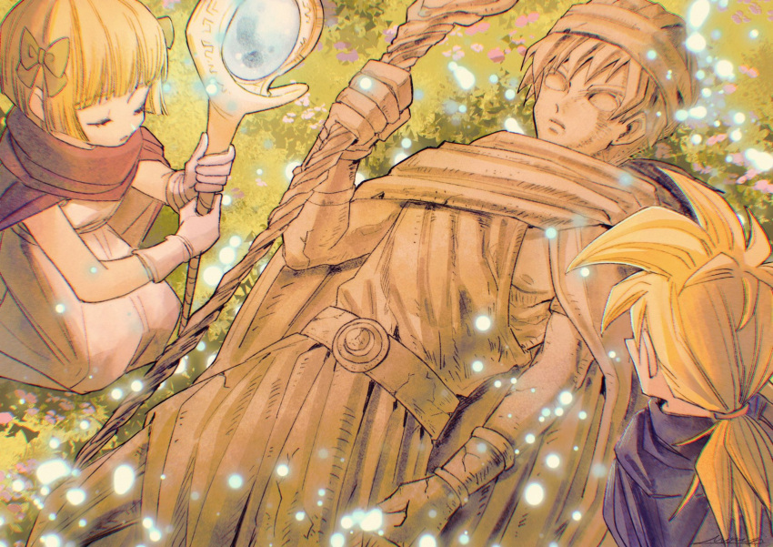 1girl 2boys belt blonde_hair blue_cloak blunt_bangs bow child cloak closed_eyes commentary_request dragon_quest dragon_quest_v dress father_and_daughter father_and_son from_above gloves grass green_bow hair_bow hero's_daughter_(dq5) hero's_son_(dq5) hero_(dq5) highres holding holding_staff kneeling long_hair low_ponytail magic mouyi multiple_boys outdoors petrification pink_cloak short_hair siblings spiked_hair staff statue twins white_dress white_gloves