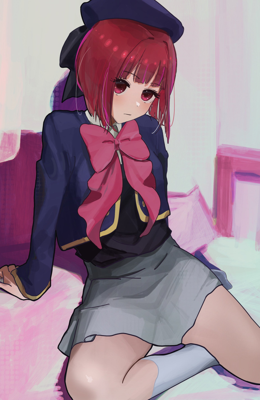 1girl absurdres arima_kana arm_support beret blue_headwear blue_jacket blunt_bangs blunt_ends blush bow bowtie grey_skirt hat highres indoors jacket long_sleeves looking_at_viewer oshi_no_ko pink_bow pink_bowtie red_eyes red_hair short_hair sitting skirt solo yu_ni_taro